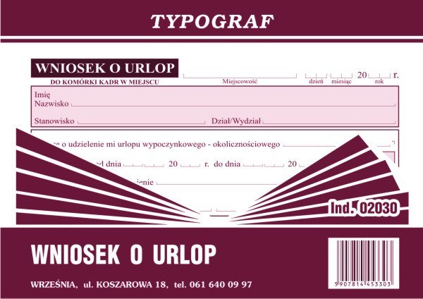 Druk wniosek o urlop A6 Typograf | biuroweokazje.pl | Kup teraz!