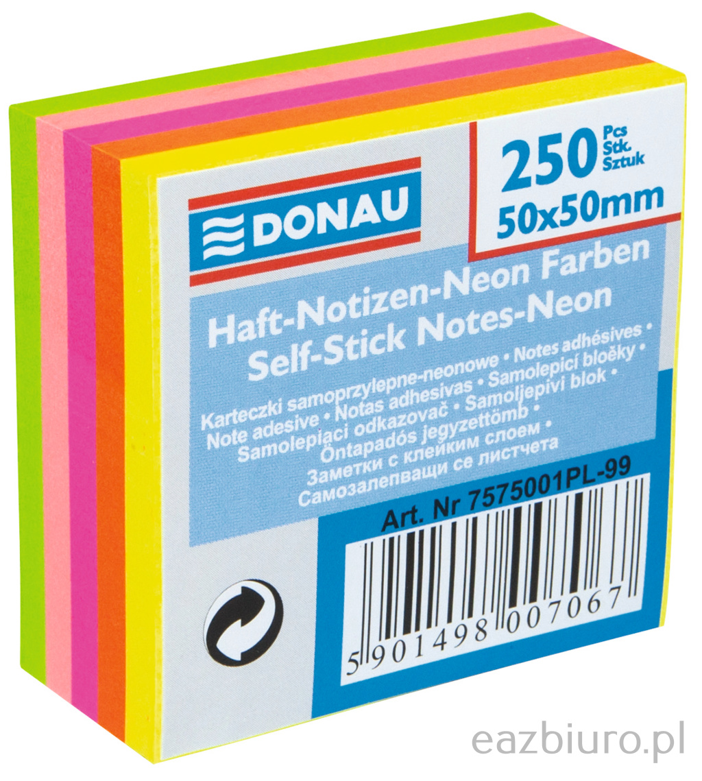 Bloczek samoprzylepny Donau 50 x 50 mm 250 kartek neonowy | biuroweokazje.pl | Kup wygodnie!