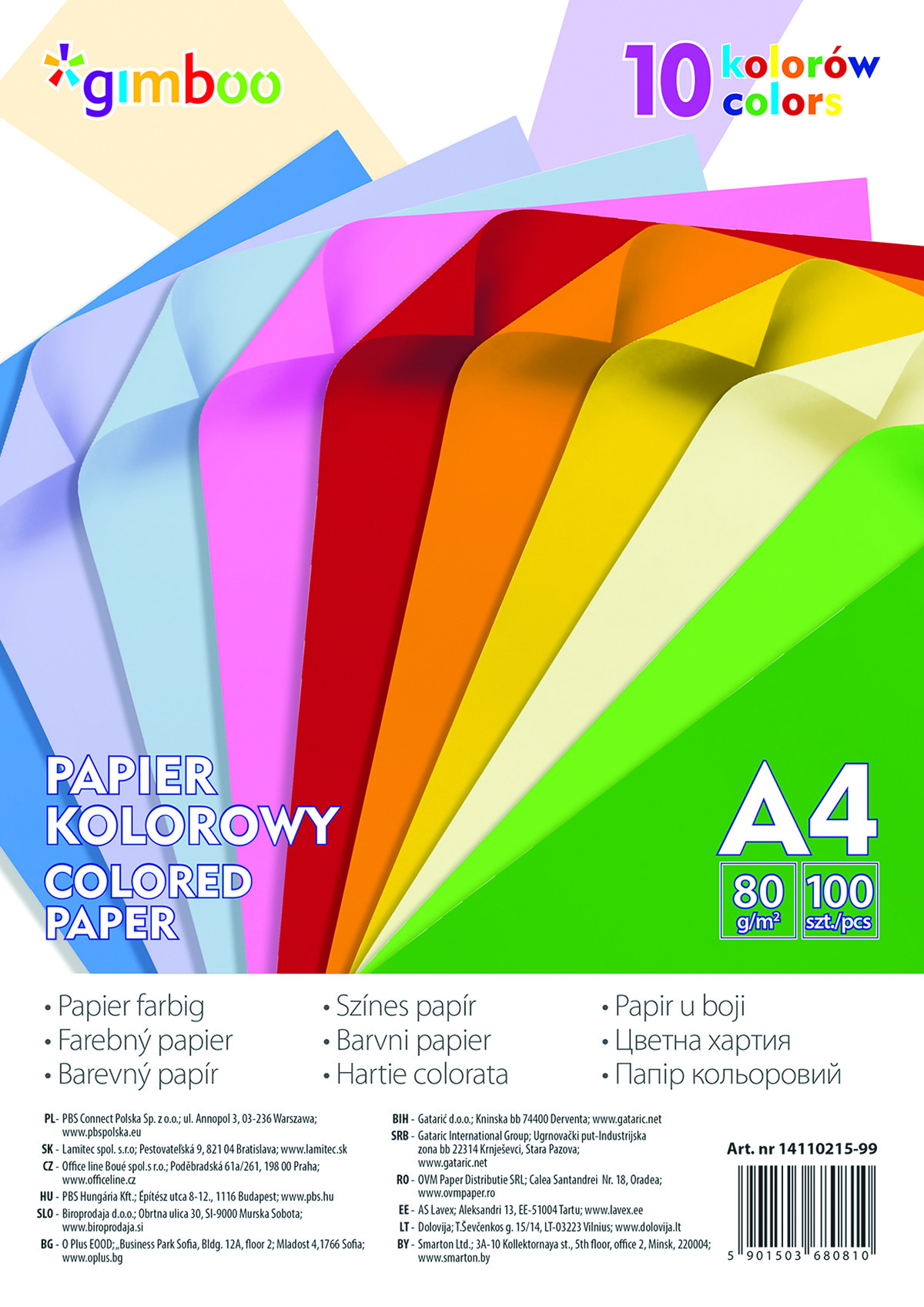 Papier kolorowy Gimboo, A4, zestaw 100 arkuszy, 80gsm, 10 kolorów neonowych | biuroweokazje.pl | Kup z rabatem!