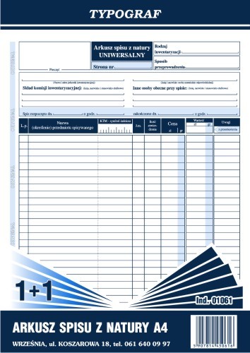 Druk arkusz spisu z natury 1+1 Typograf 40 kartek | biuroweokazje.pl | Zamów rozsądnie!
