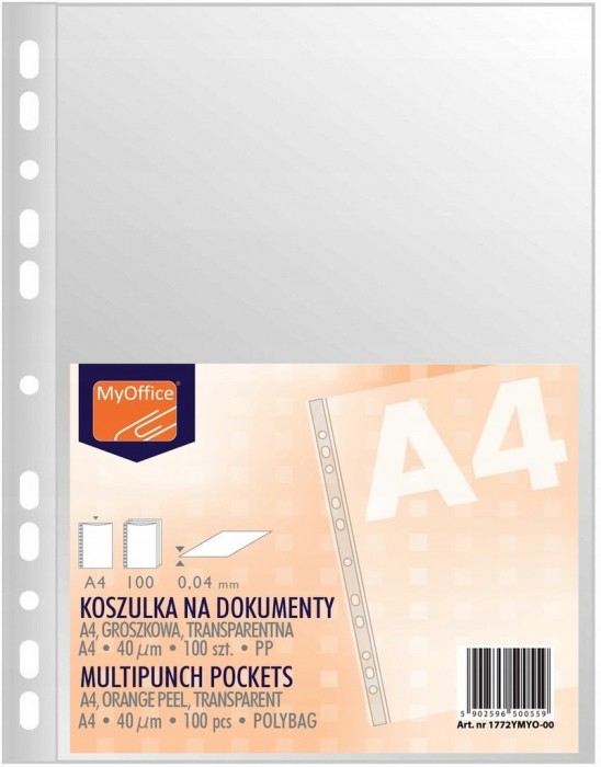 Koszulka na dokumenty my-office, A4/zestaw 100 sztuk. pp groszkowa bezbarwna, 40 mikr. | biuroweokazje.pl | Zamów taniej!
