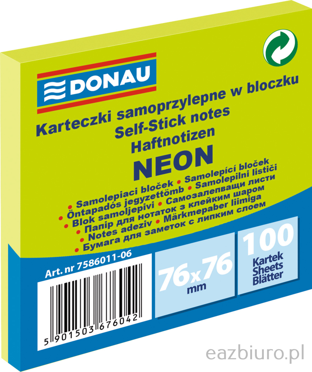 Bloczek samoprzylepny 76 x 76 mm Donau neon zielony 100 kartek | biuroweokazje.pl | Zamów bez zwłoki!