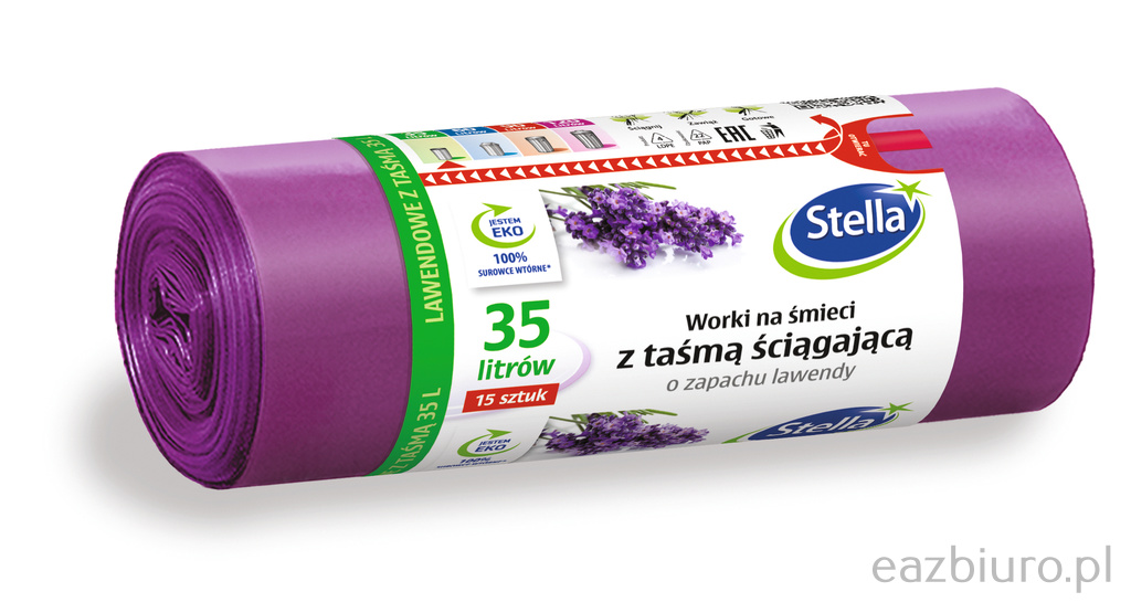 Worki na śmieci Stella, z taśmą ściągającą, zapach lawendy, 35 l, zestaw 15 sztuk., | biuroweokazje.pl | Kup bez wahania!