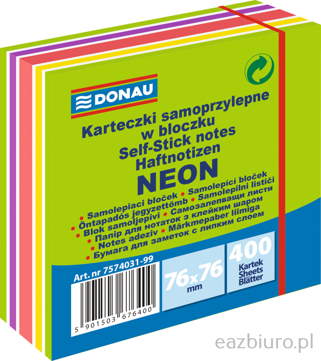 Bloczek samoprzylepny Donau 76 x 76 mm neon-pastel mix zielony 400 kartek | biuroweokazje.pl | Zamów od ręki!