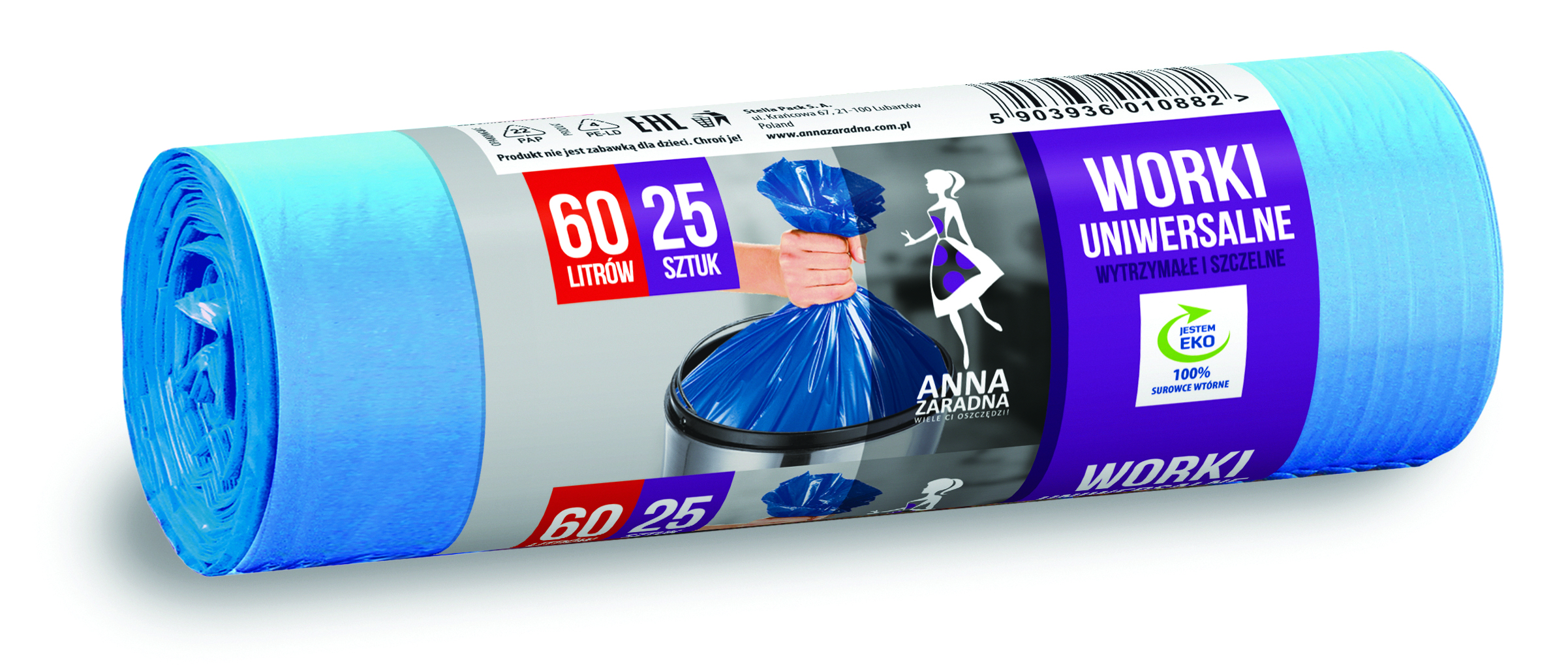 Worki na śmieci uniwersalne Anna Zaradna, 60 l, zestaw 25 sztuk., niebieskie | biuroweokazje.pl | Zamów z gwarancją!