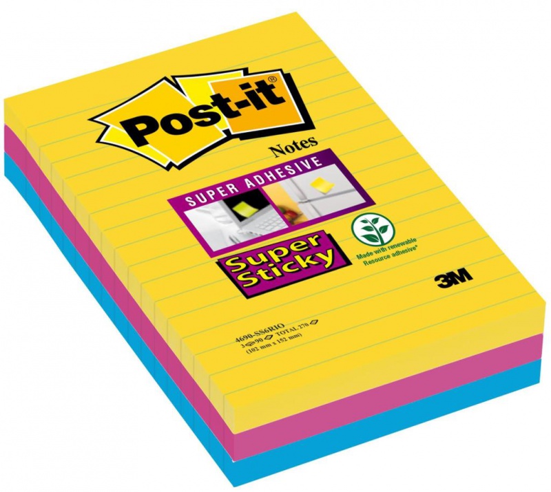 Bloczek samoprzylepny Post-it® super sticky w linie (4690-ss3rio-eu), 101 x 152 mm, 3 x 90 | biuroweokazje.pl | Zamów szybko!