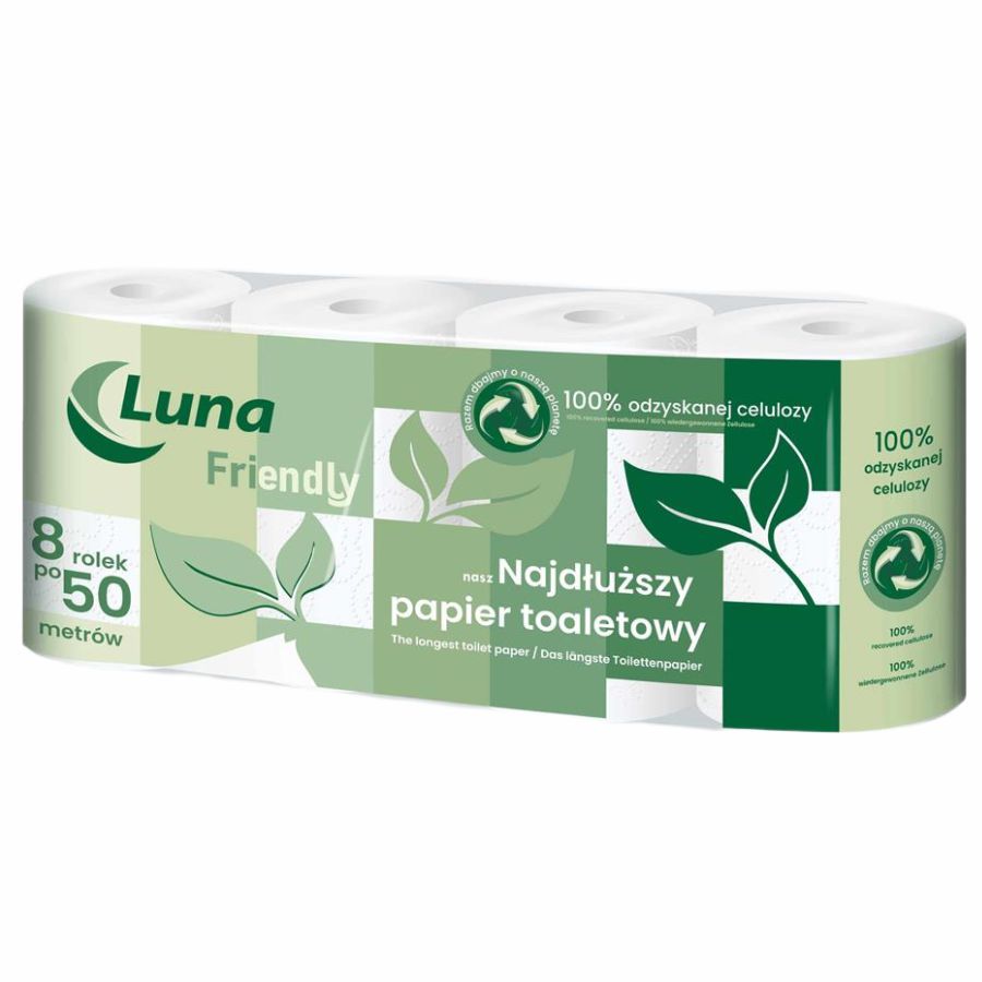 Papier toaletowy Luna Friendly 8 rolek z recyklingu celulozowy 2 warstwy 50 m na rolce | biuroweokazje.pl | Sprawdź ofertę!