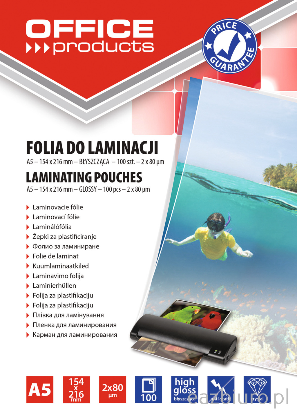 Folia do laminowania Office Products, A5, 2x80 mic, błyszcząca, zestaw 100 sztuk, | biuroweokazje.pl | Zamów z gwarancją!