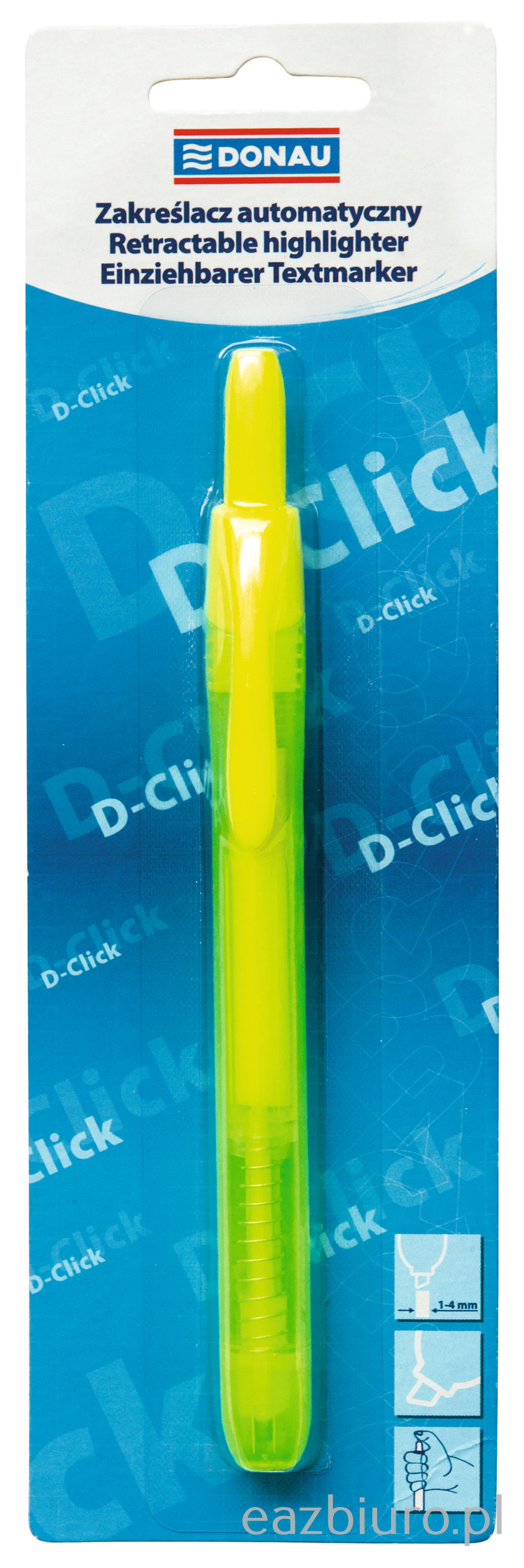 Zakreślacz automatyczny Donau d-click, 1-4 mm (linia), blister, żółty | biuroweokazje.pl | Kup w sekundę!