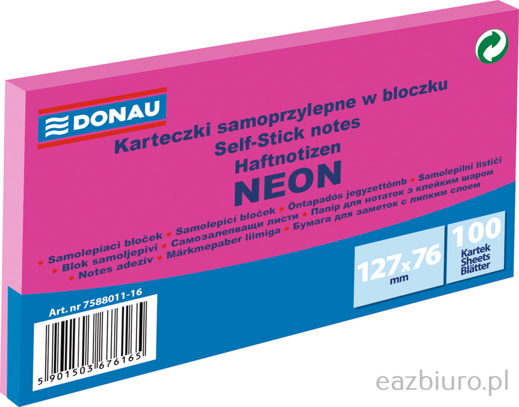 Bloczek samoprzylepny Donau 127 x 76 mm neon różowy 100 kartek | biuroweokazje.pl | Weź zanim zniknie!