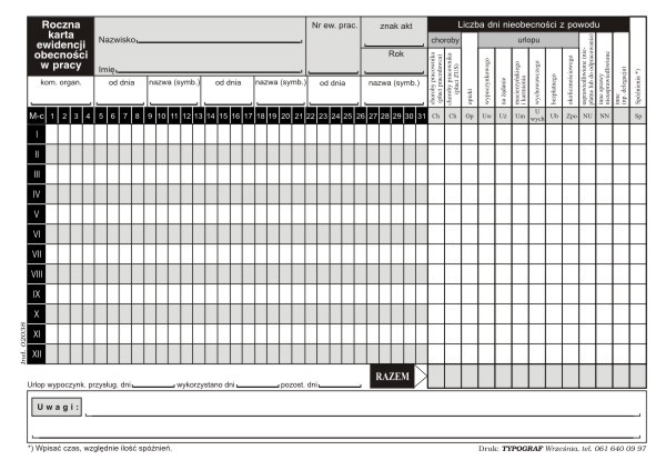 Druk roczna karta obecności w pracy Typograf zestaw 50 sztuk | biuroweokazje.pl | Zamów szybko!