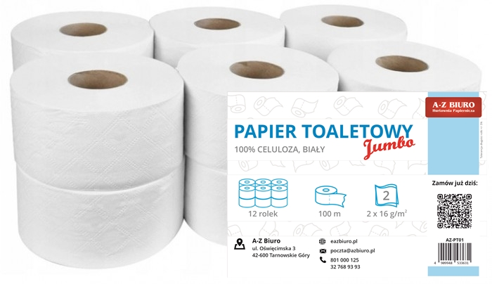 Papier toaletowy Jumbo, 2 warstwy, celulozowy, 12 rolek, 100 m, biały A-Z Biuro AZ-PT01 | biuroweokazje.pl | Kup już teraz!