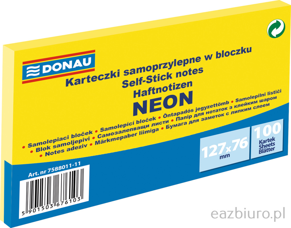 Bloczek samoprzylepny Donau 127 x 76 mm neon żółty 100 kartek | biuroweokazje.pl | Zamów błyskawicznie!