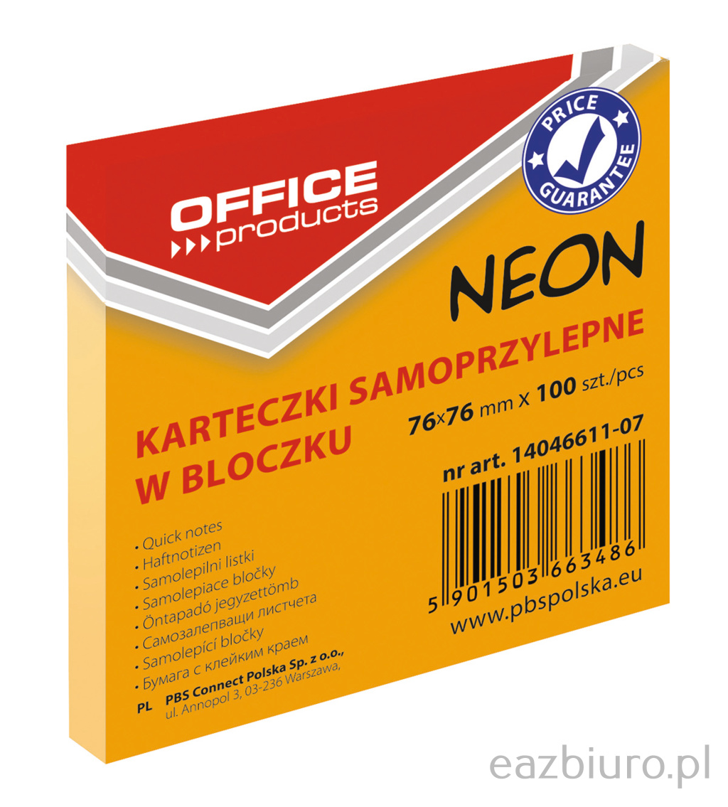 Bloczek samoprzylepny 76 x 76 neon pomarańczowy 100 kartek | biuroweokazje.pl | Kup sprytnie!