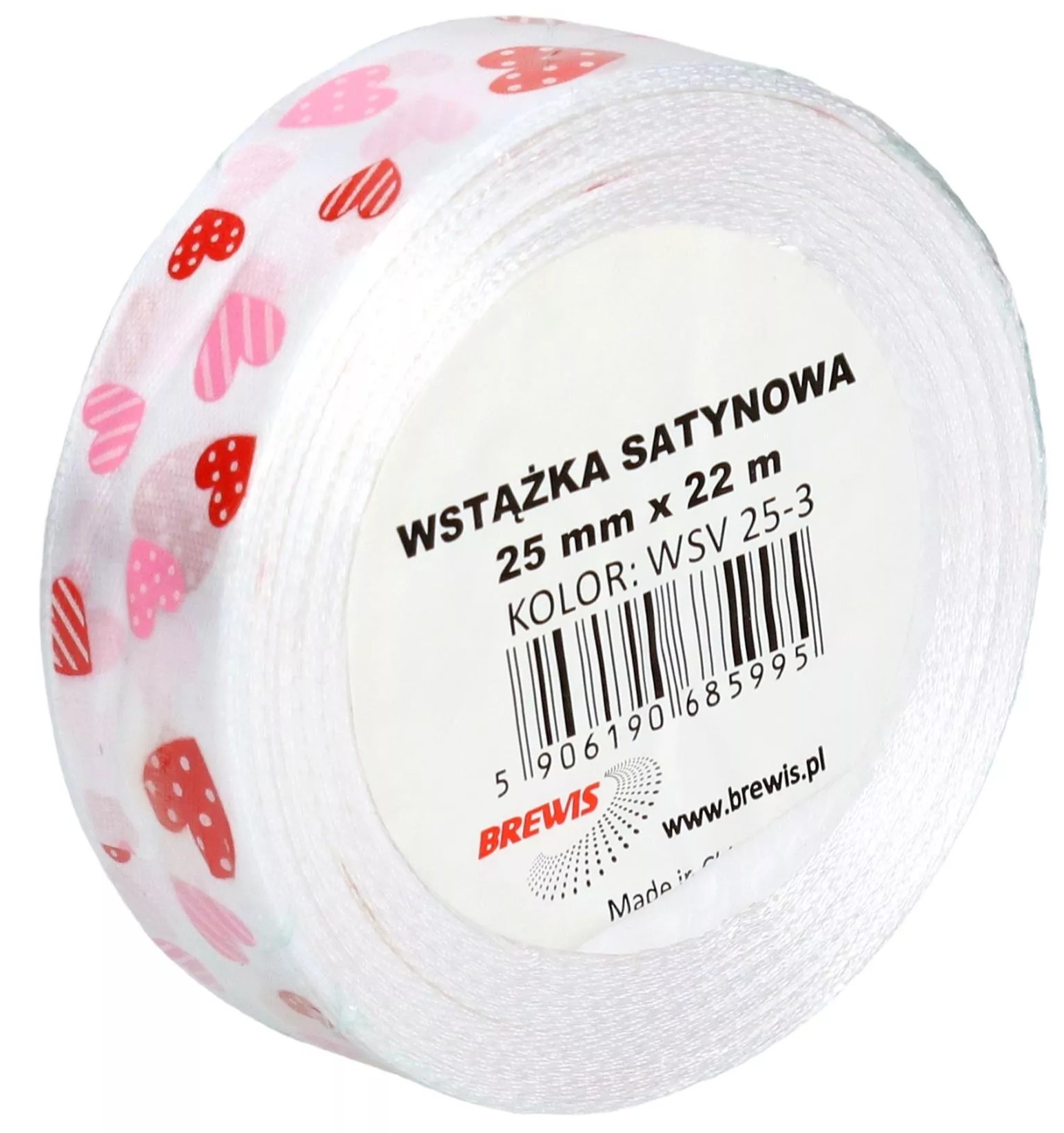 Wstążka satynowa 25mmx22 m biała w serca | biuroweokazje.pl | Zamów taniej!
