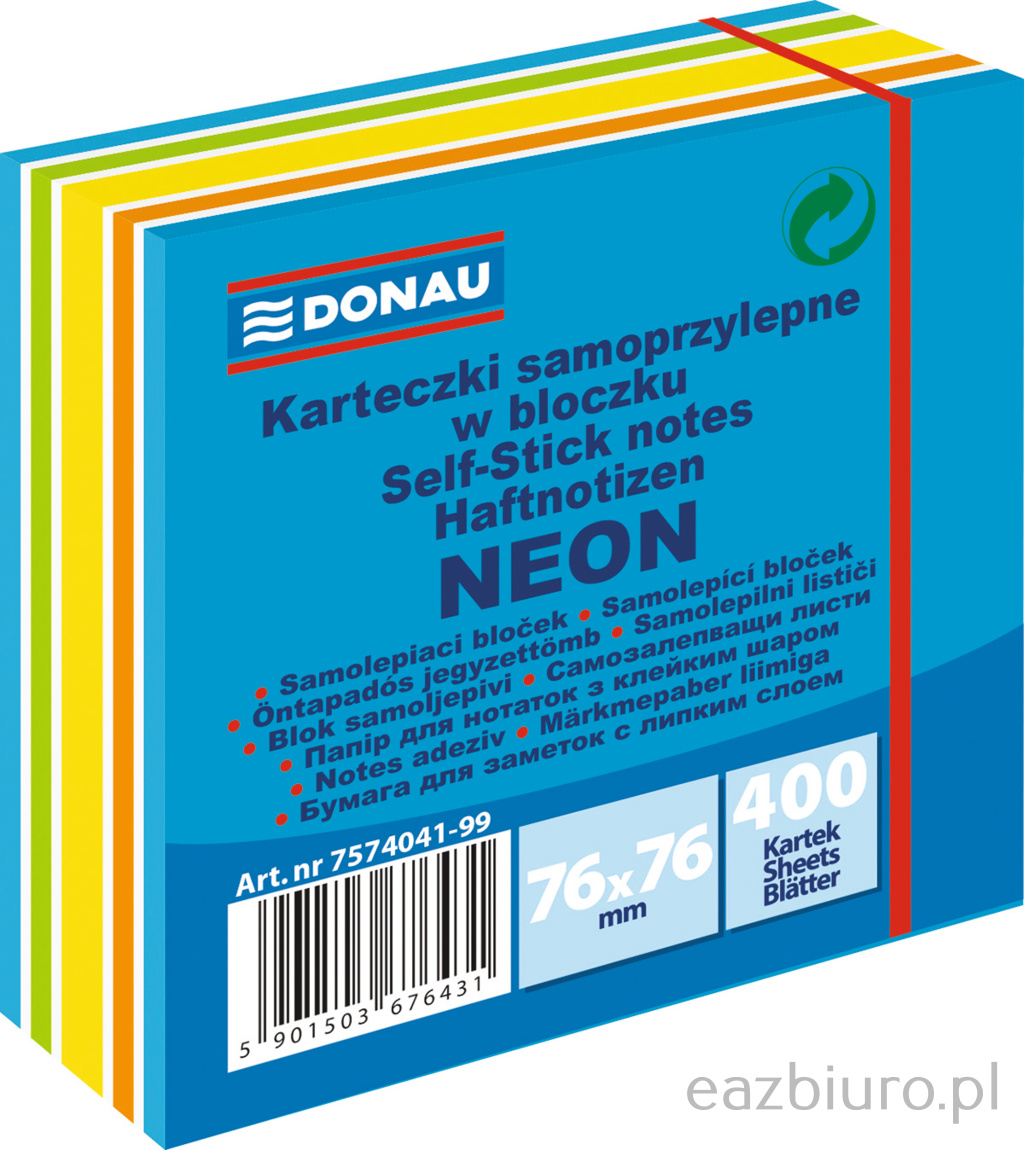 Bloczek samoprzylepny Donau 76 x 76 mm neon-pastel mix niebieski 400 kartek | biuroweokazje.pl | Nie czekaj!