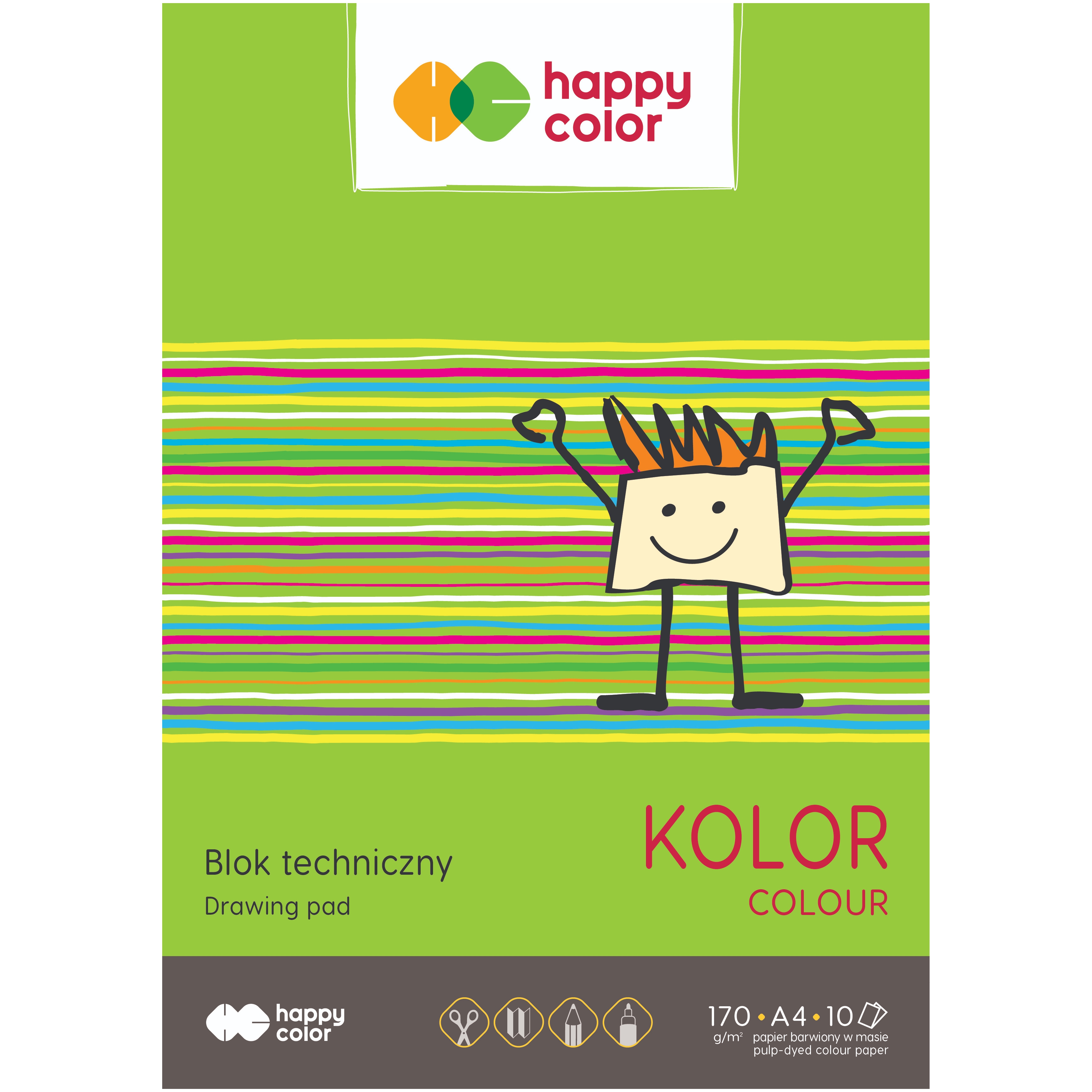 Blok techniczny kolorowy A4, 170g, 10 ark, happy | biuroweokazje.pl | Wybierz mądrze