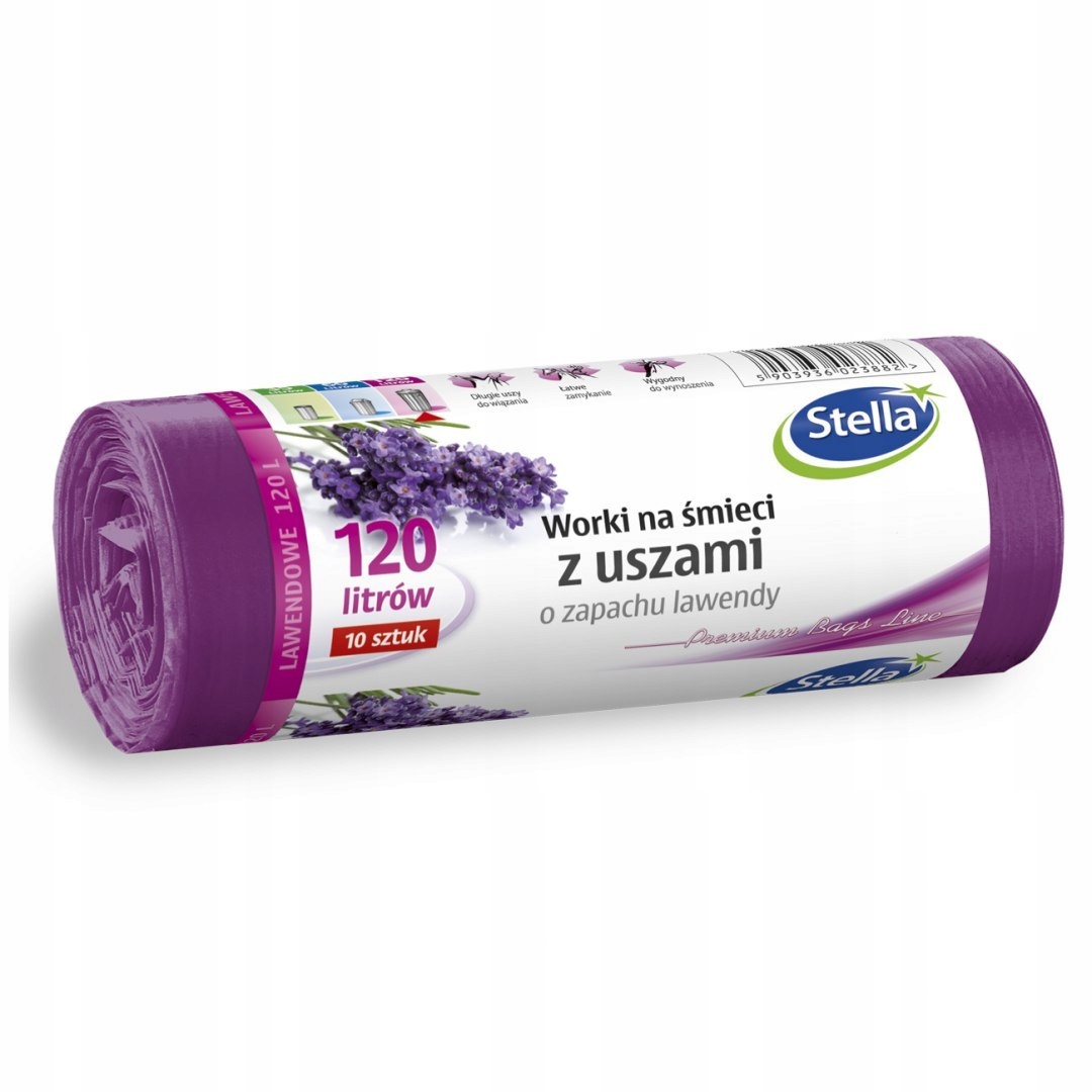 Worki na śmieci z uszami Stella, zapach lawendy, 120 l, zestaw 10 sztuk. | biuroweokazje.pl | Kup w promocji!