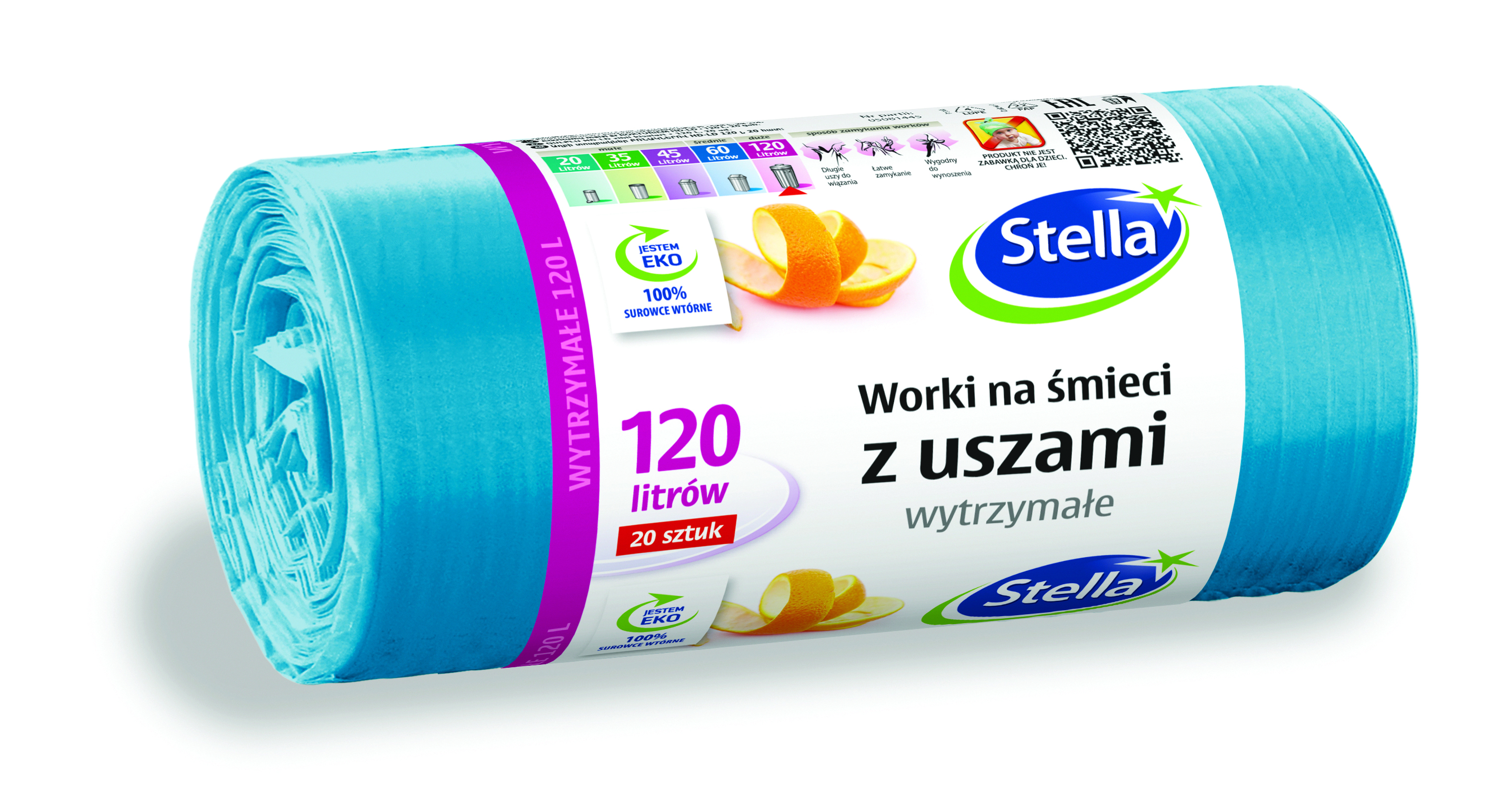 Worki na śmieci Stella, z uszami, 120 l, zestaw 20 sztuk., niebieskie, niebieski | biuroweokazje.pl | Odbierz szybko!