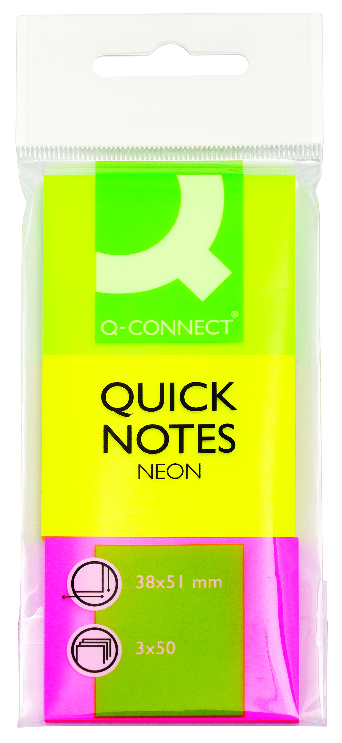 Bloczek samoprzylepny Q-Connect, 38 x 51 mm, 3 x 50 kartek, neon, mix kolorów | biuroweokazje.pl | Zyskaj więcej!