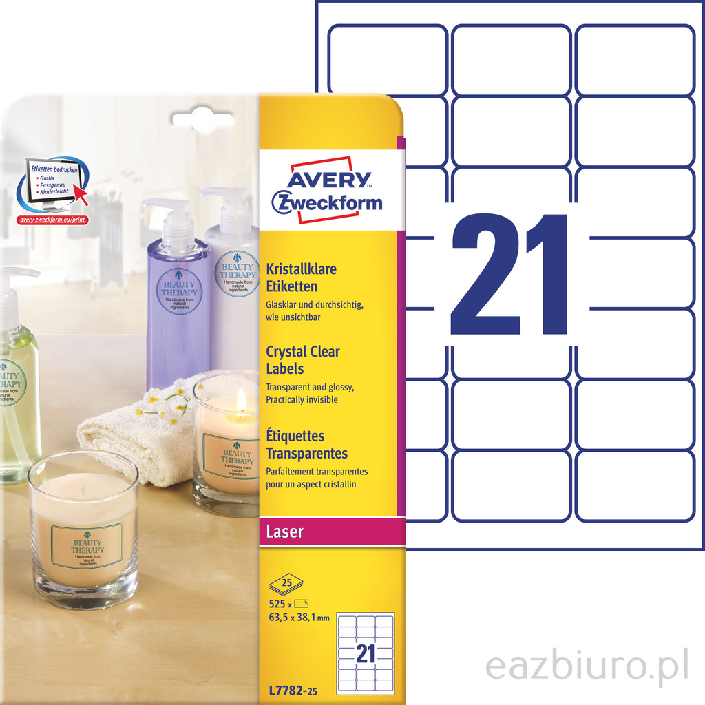 Etykiety przezroczyste crystal clear Avery Zweckform, A4, 25 ark./op., 63,5 x 38,1 mm | biuroweokazje.pl | Zamów od ręki!