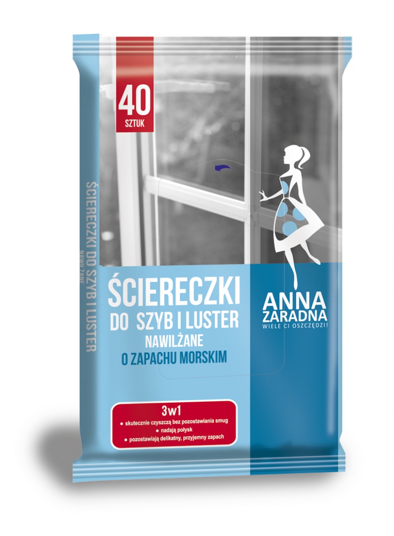 Ściereczki nawilżane Anna Zaradna do szyb i luster o zapachu morskim zestaw 40 sztuk. | biuroweokazje.pl | Zamów taniej!