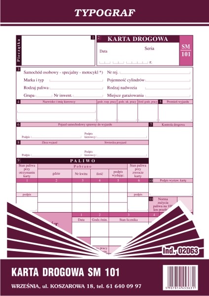 Druk karta drogowa na samochody osobowe sm101 Typograf | biuroweokazje.pl | Zamów wygodnie!