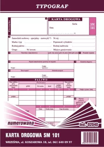 Druk karta drogowa na samochody osobowe sm 101 numerowana A5 | biuroweokazje.pl | Działaj śmiało!