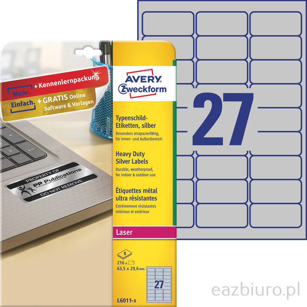 Etykiety znamionowe srebrne Avery Zweckform; A4, 8 ark./op., 63,5 x 29,6 mm, poliestrowe | biuroweokazje.pl | Nie przegap!