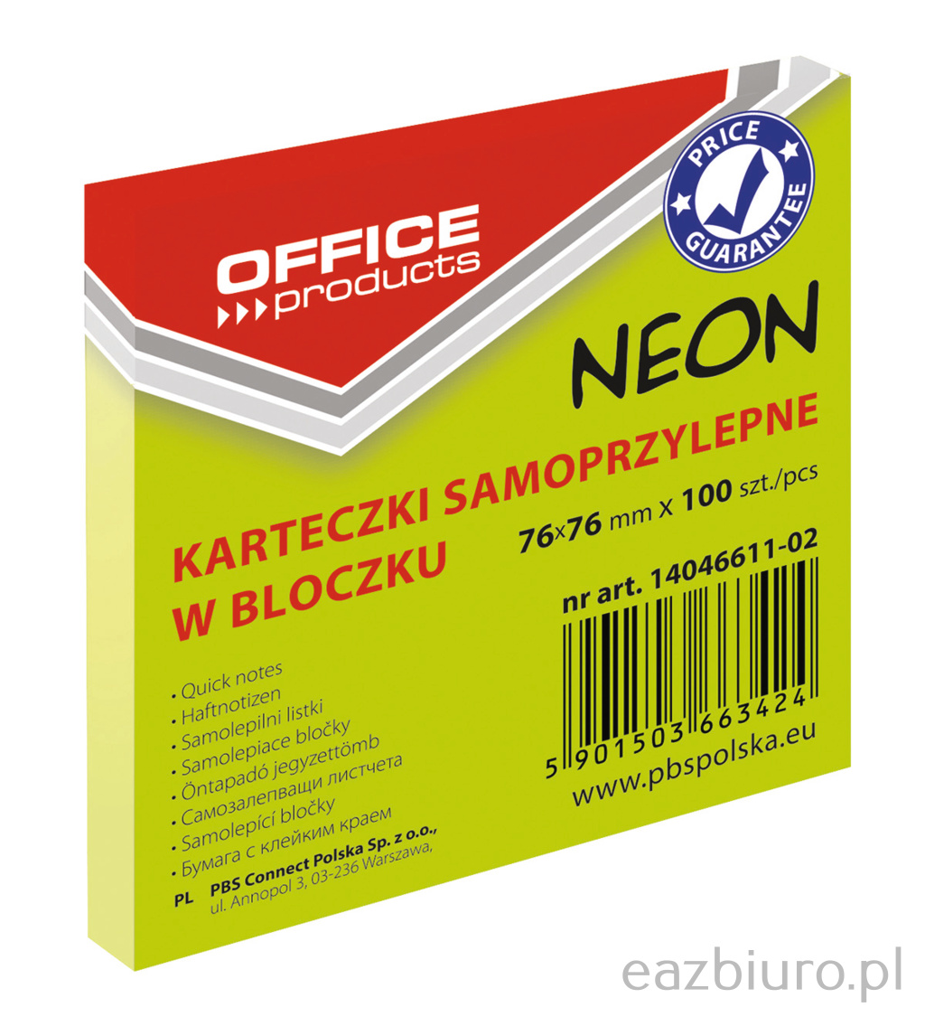 Bloczek samoprzylepny 76 x 76 neon zielony 100 kartek | biuroweokazje.pl | Odbierz szybko!