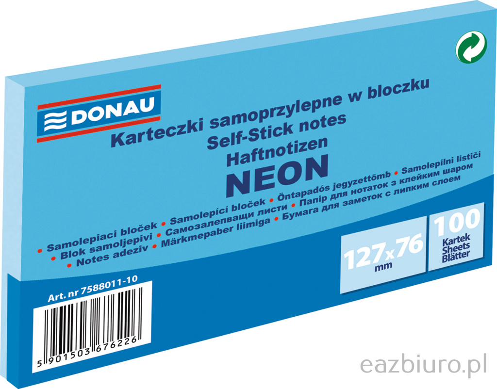 Bloczek samoprzylepny Donau 127 x 76 mm neon niebieski 100 kartek | biuroweokazje.pl | Kup online!