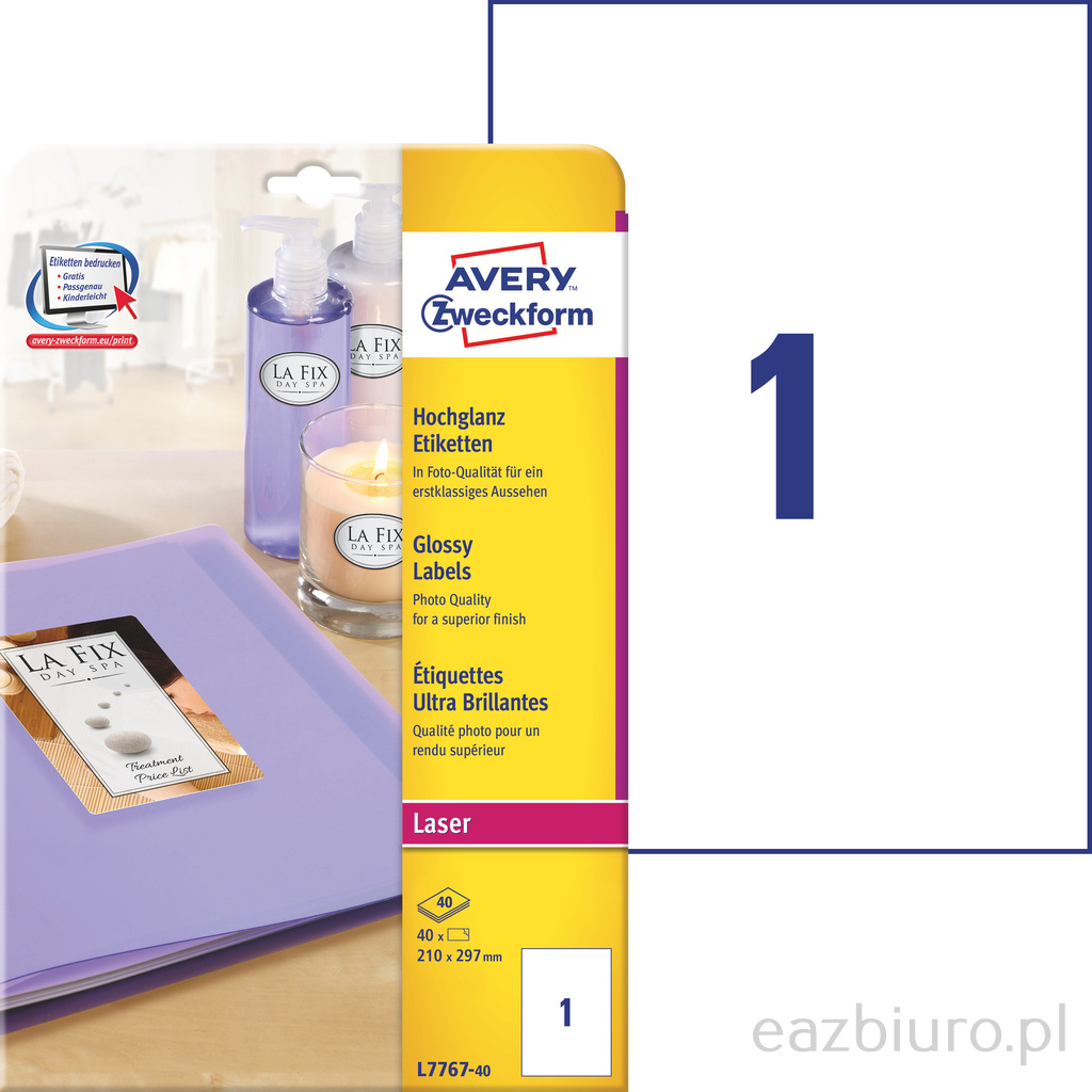 Etykiety błyszczące Avery Zweckform, A4, 40 ark./op., 210 x 297 mm, białe | biuroweokazje.pl | Skorzystaj dziś!