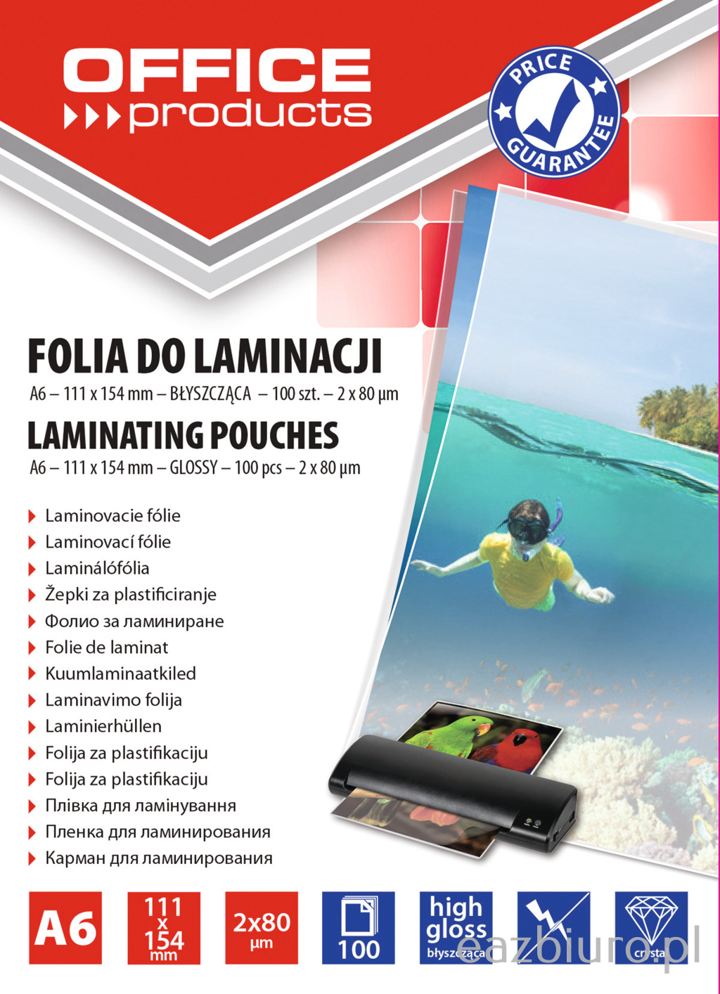 Folia do laminowania Office Products, A6, 2x80 mic, błyszcząca, zestaw 100 sztuk, | biuroweokazje.pl | Kup taniej!