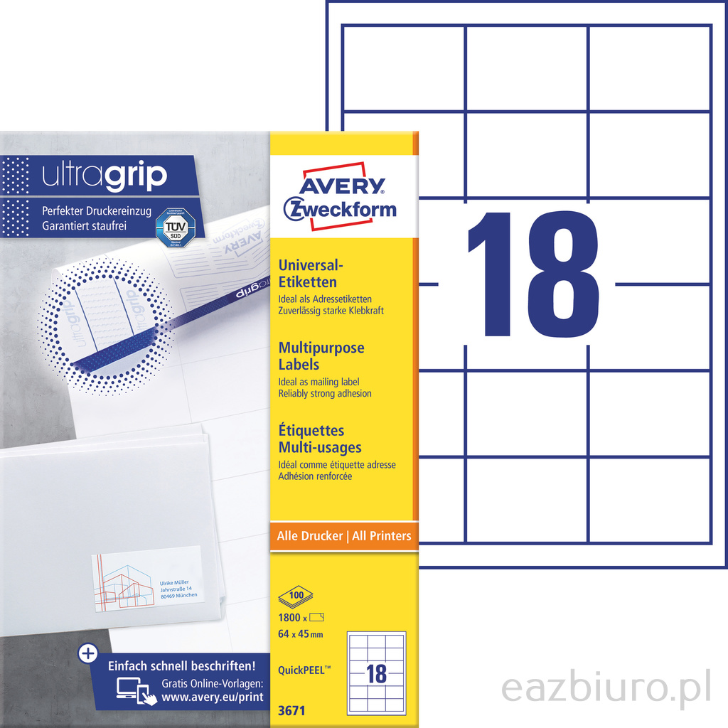 Etykiety Avery Zweckform uniwersalne zf-3671 64x45 zestaw 100 arkuszy | biuroweokazje.pl | Kup skutecznie!