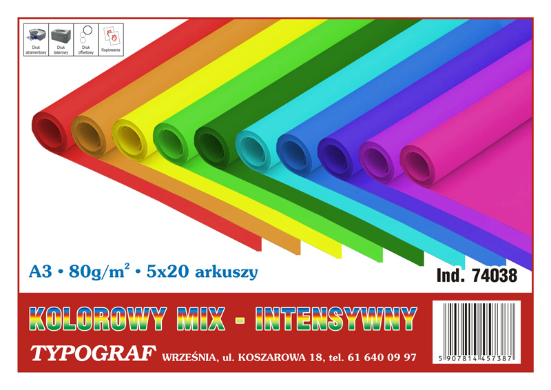 Papier ksero kolorowy mix intensywny A3 80 g/m2 zestaw 100 arkuszy | biuroweokazje.pl | Zamów natychmiast!