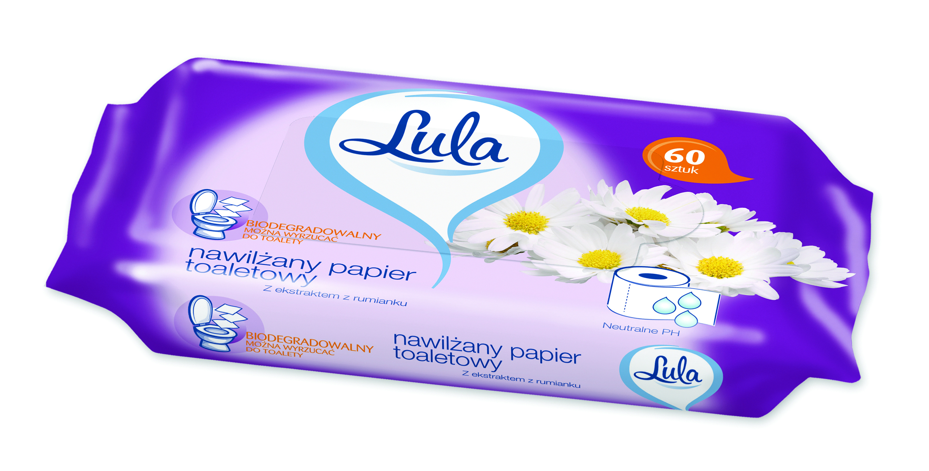 Nawilżany papier toaletowy, lula, z ekstraktem z rumianku, zestaw 60 sztuk., biały papier | biuroweokazje.pl | Działaj śmiało!