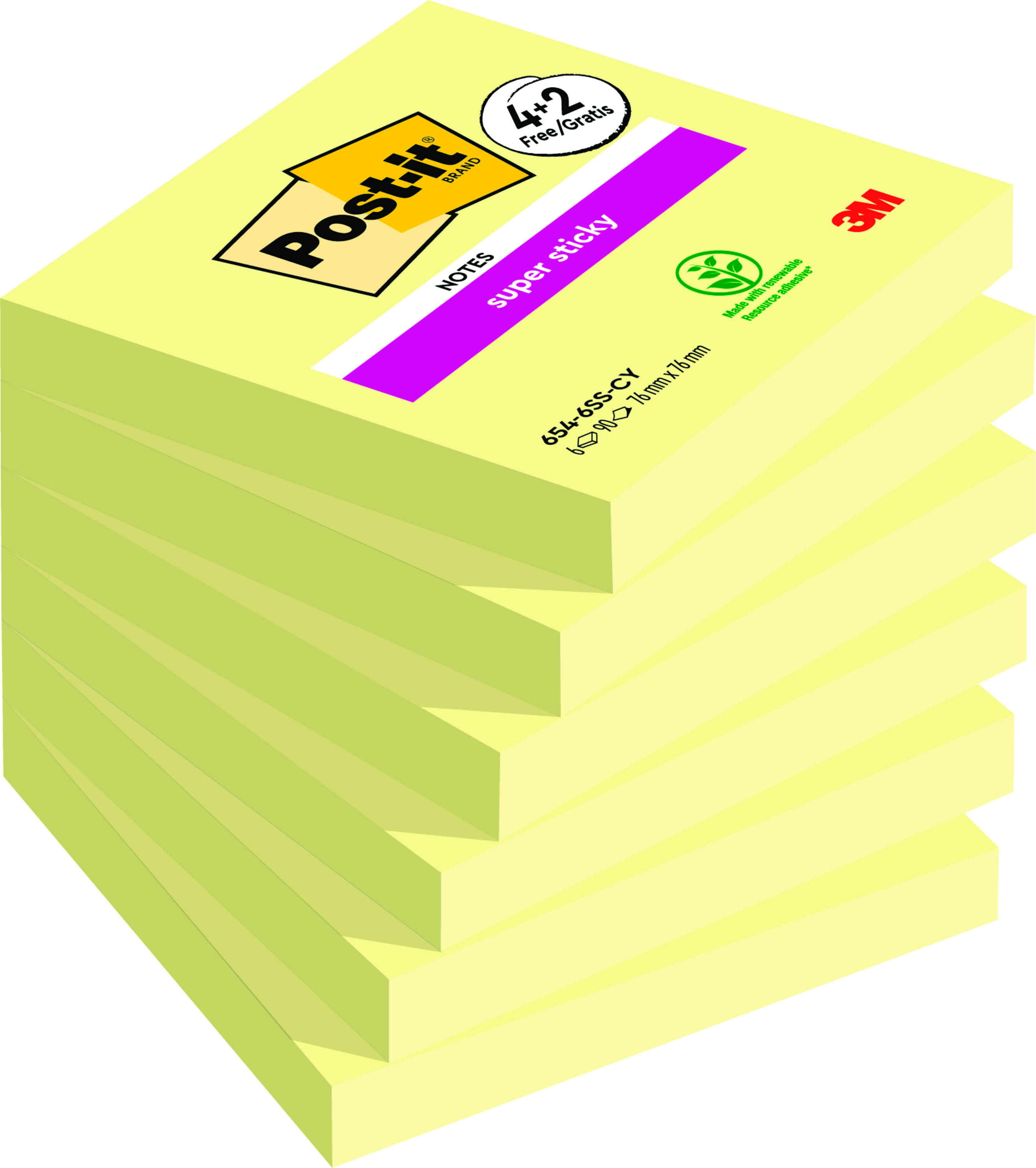 Karteczki samoprzylepne Post-it® super sticky 76x76 mm, 4+2x90 karteczek, żółte, zestaw 6 | biuroweokazje.pl | Skorzystaj z rabatu!