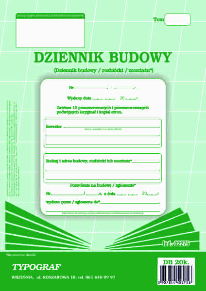Druk dziennik budowy 20 kartek Typograf | biuroweokazje.pl | Kup teraz!