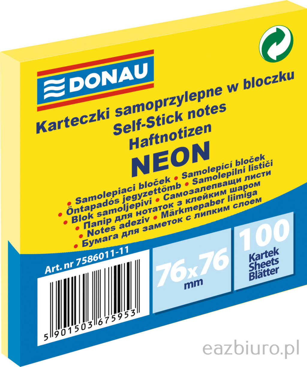 Bloczek samoprzylepny 76 x 76 mm Donau neon żółty 100 kartek | biuroweokazje.pl | Kup sprytnie!