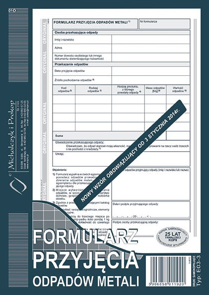 Druk formularz przyjęcia odpadów metali M&P | biuroweokazje.pl | Odbierz szybko!