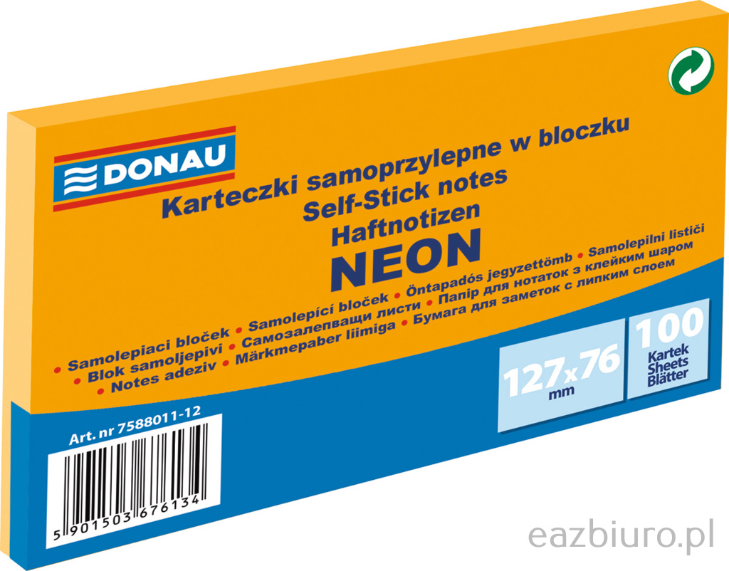 Bloczek samoprzylepny Donau 76 x 127 mm neon pomarańczowy 100 kartek | biuroweokazje.pl | Zamów szybko!