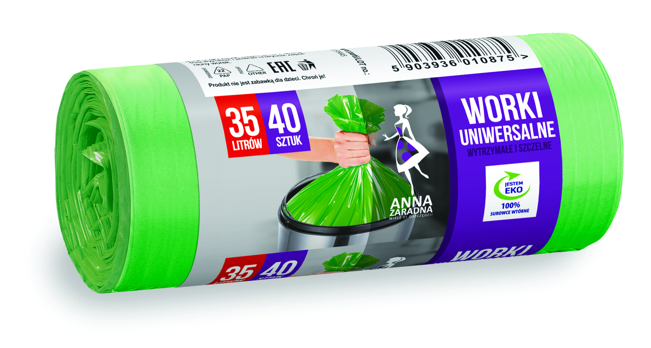 Worki na śmieci uniwersalne Anna Zaradna, 35 l, zestaw 40 sztuk., zielone | biuroweokazje.pl | Działaj śmiało!