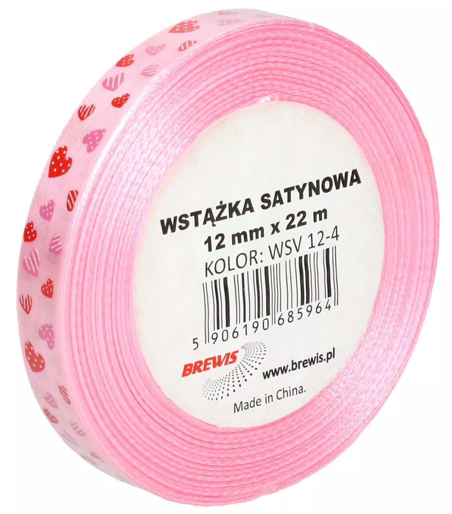 Wstążka satynowa 12mmx22 m różowa w serca | biuroweokazje.pl | Zamów taniej!