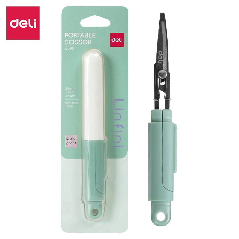 Kompaktowe nożyczki Deli EZ508 w bezpiecznym etui zielone | biuroweokazje.pl | Kup w promocji!