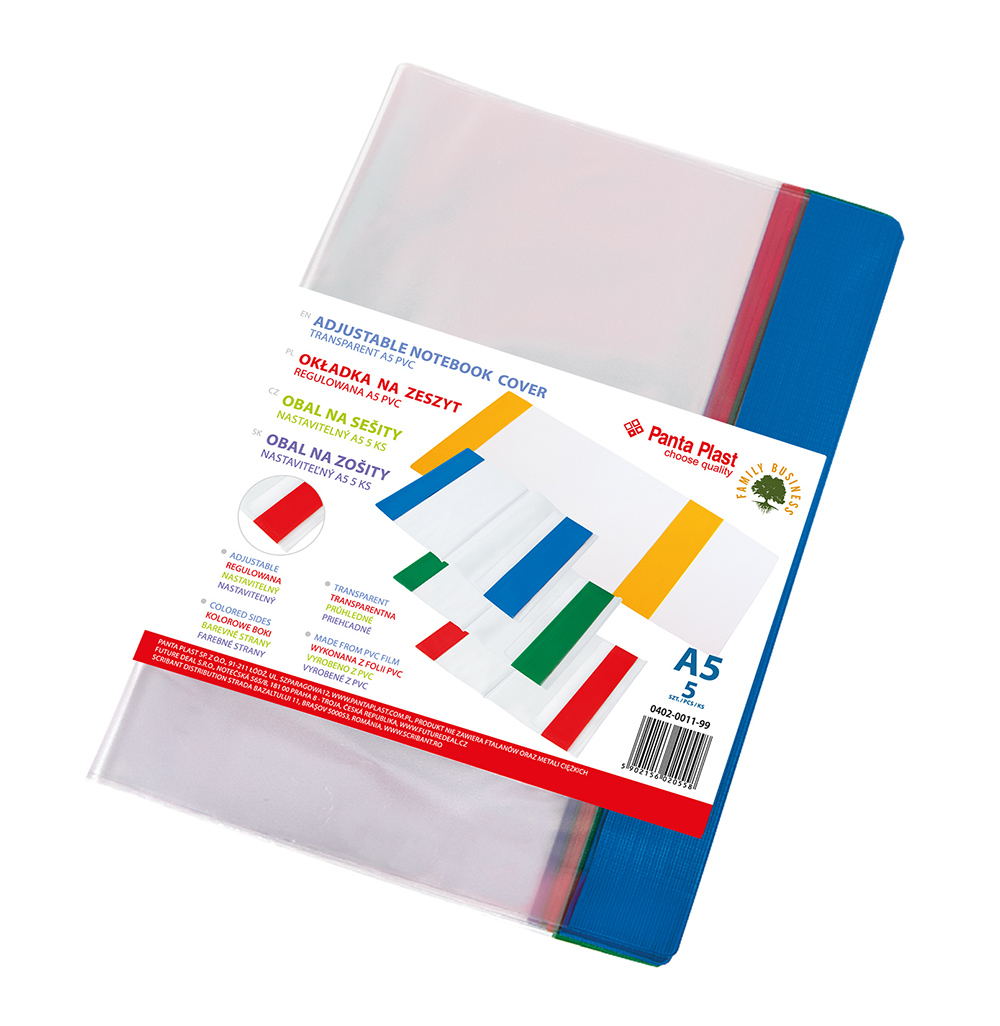 Okładka na zeszyt pcv z kolorowymi brzegami regulowana na format A5 zestaw 5 sztuk. | biuroweokazje.pl | Kup skutecznie!