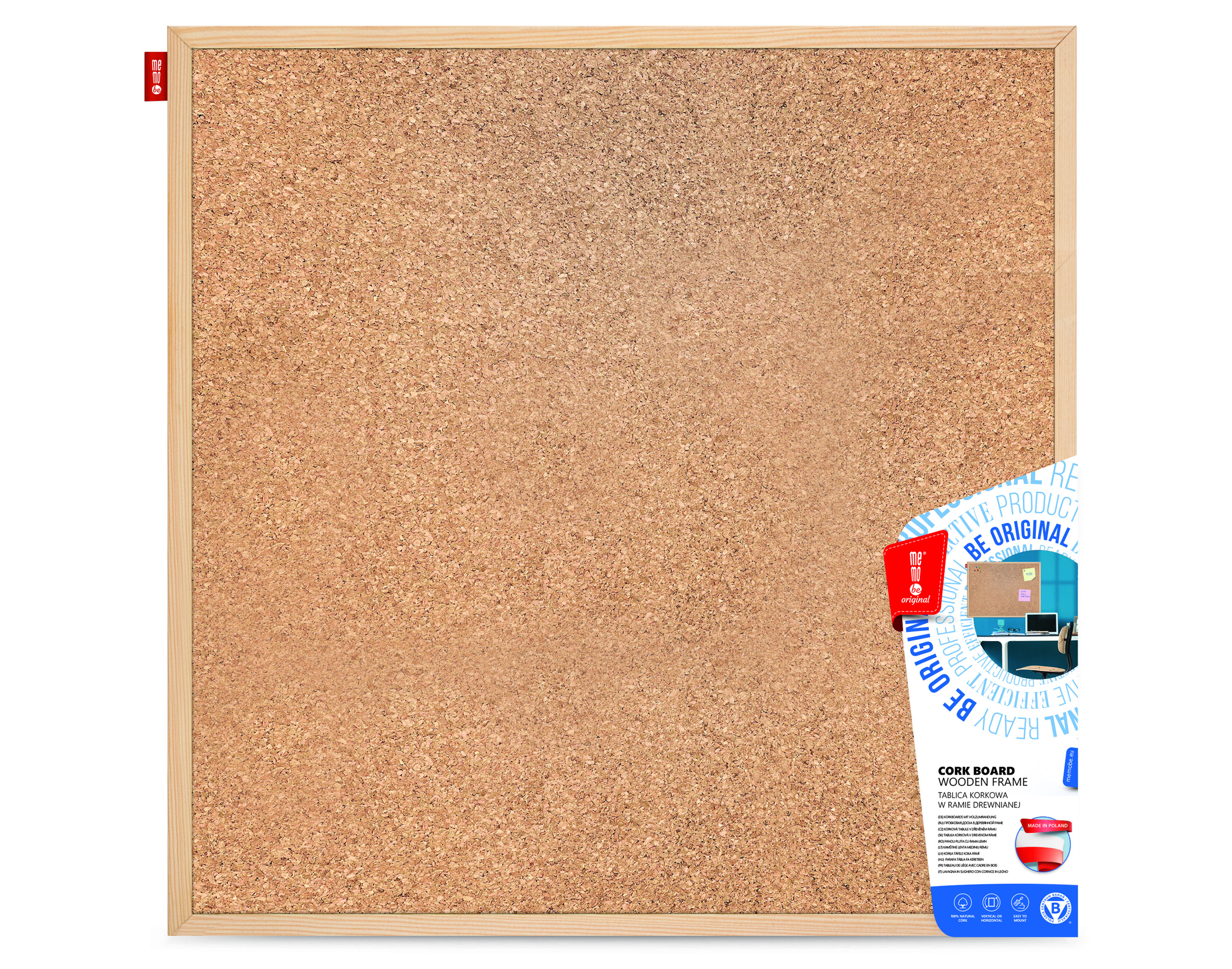 Tablica korkowa Memobe, rama drewniana, 100 x 100 cm | biuroweokazje.pl | Zamów wygodnie!