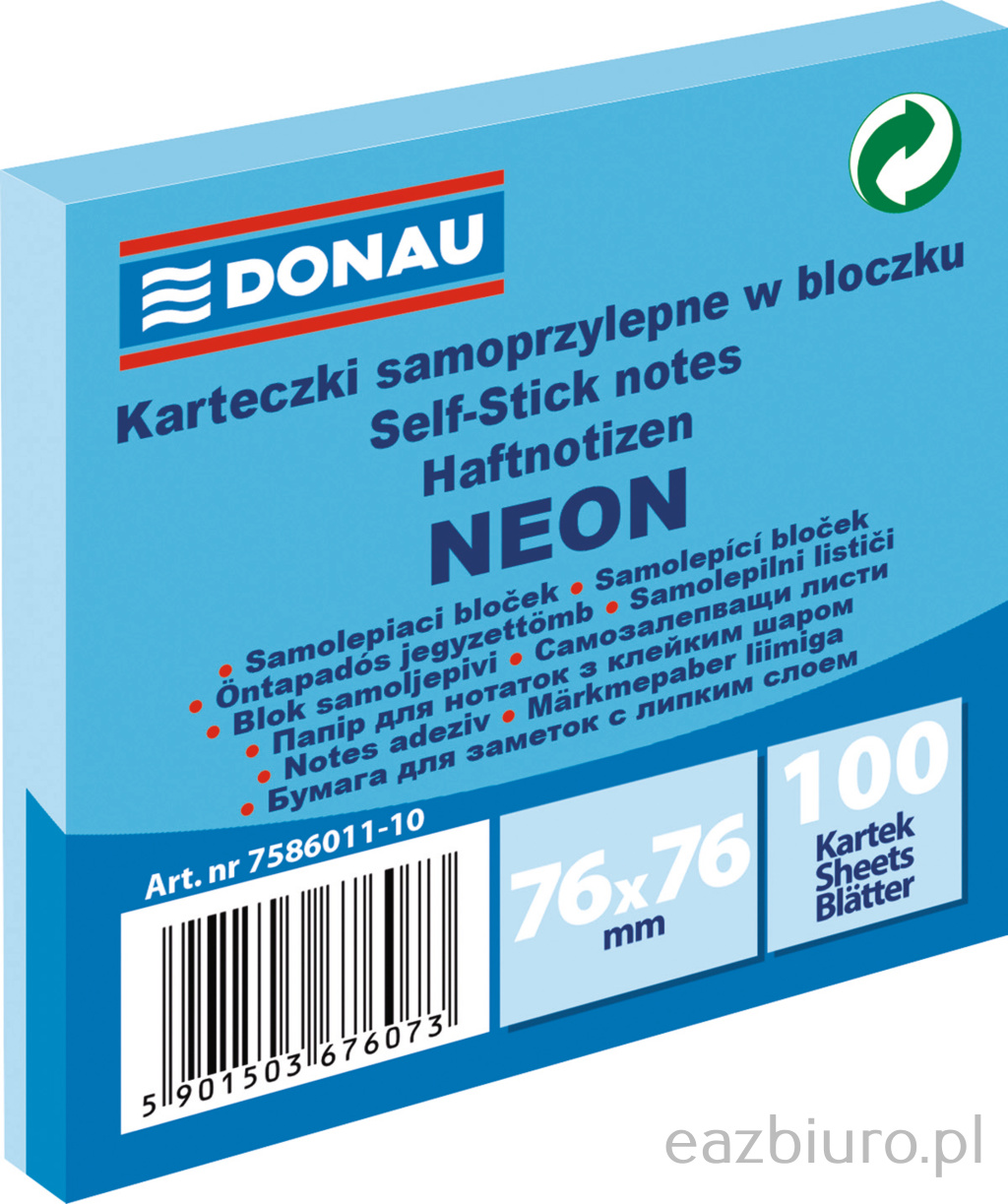 Bloczek samoprzylepny 76 x 76 mm Donau neon niebieski 100 kartek | biuroweokazje.pl | Zamów wygodnie!
