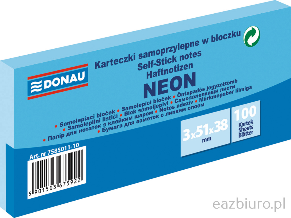 Bloczek samoprzylepny Donau, 38 x 51 mm, 3 x 100 karteczek, neon, niebieski | biuroweokazje.pl | Sprawdź cenę!