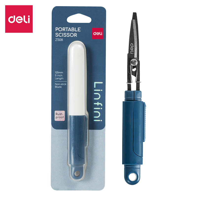 Kompaktowe nożyczki Deli EZ508 w bezpiecznym etui niebieskie | biuroweokazje.pl | Zamów z gwarancją!