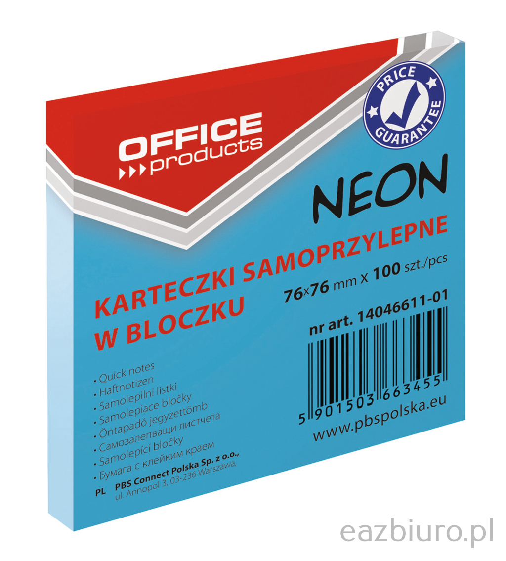 Bloczek samoprzylepny 76 x 76 neon niebieski 100 kartek | biuroweokazje.pl | Zamów korzystnie!